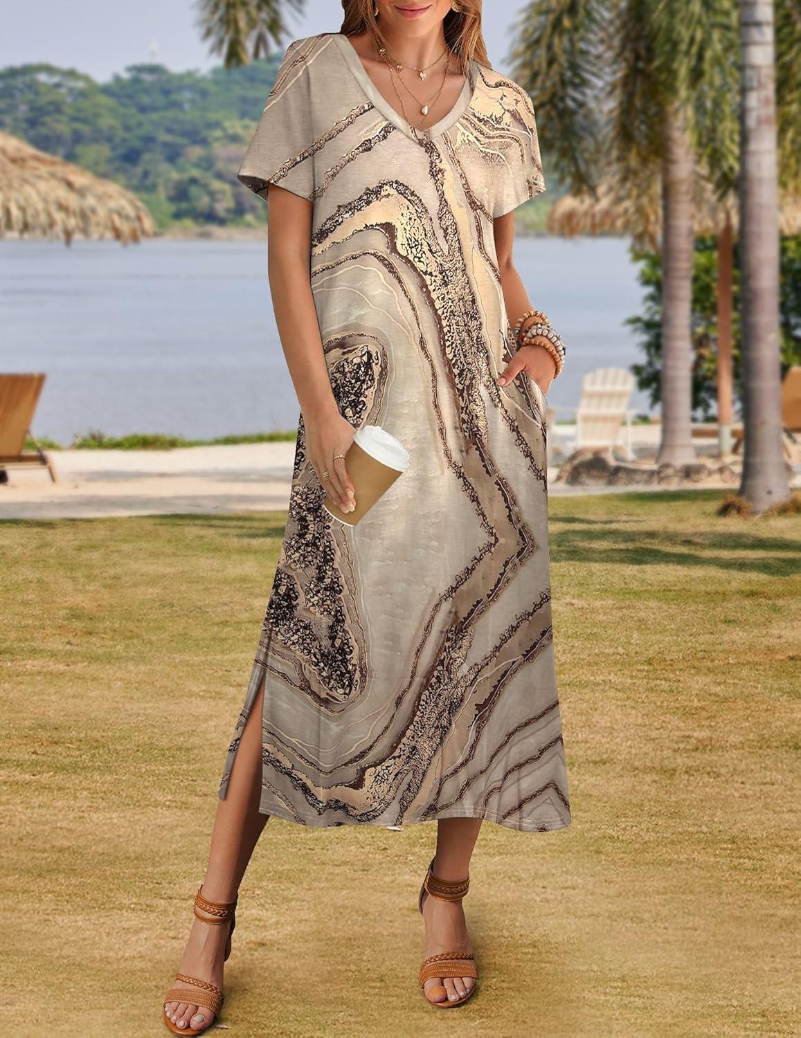 imageZeagoo Women Summer Floral Dress Short Sleeve Beach Dress with Pockets Casual VNeck Split Long TShirt Dress Travel VacationGold Print