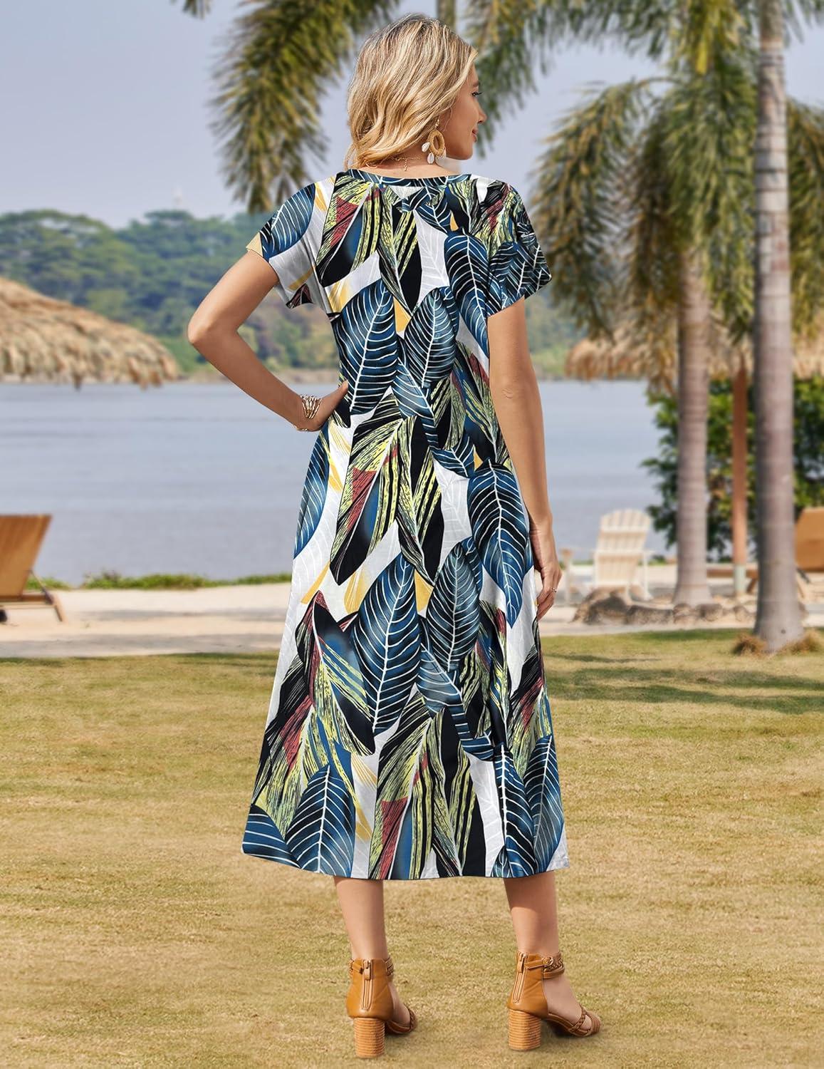 imageZeagoo Women Summer Floral Dress Short Sleeve Beach Dress with Pockets Casual VNeck Split Long TShirt Dress Travel VacationGreen Leaf