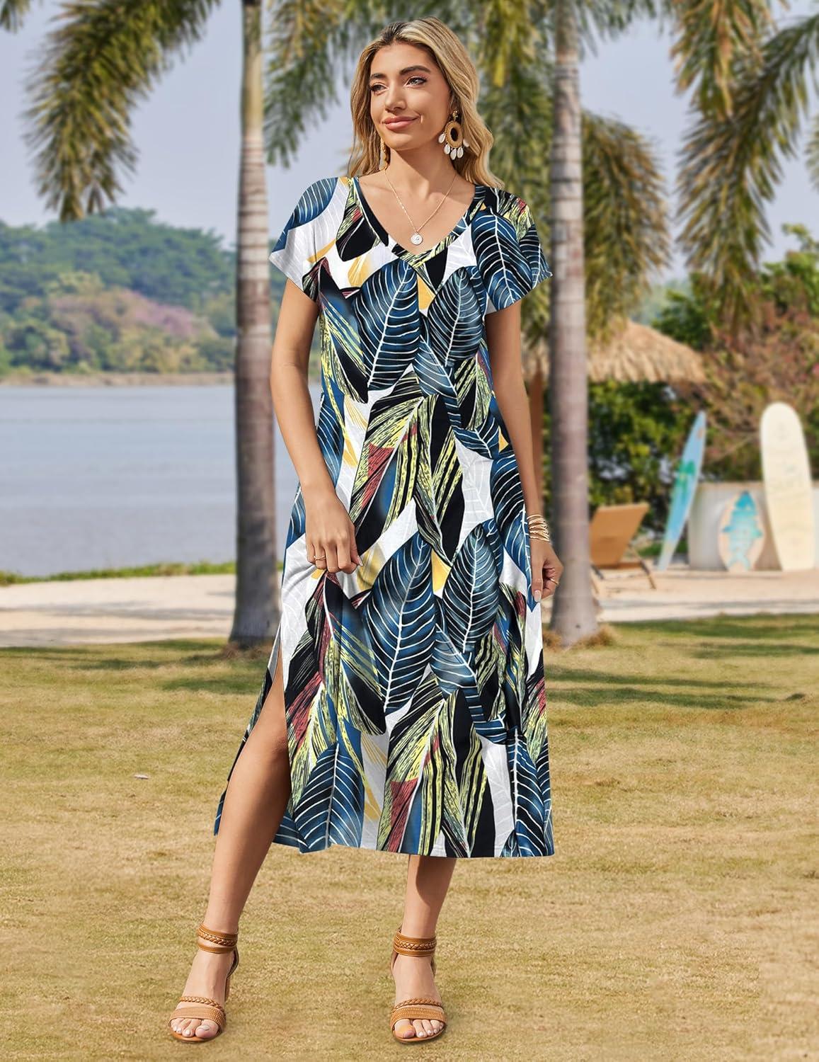 imageZeagoo Women Summer Floral Dress Short Sleeve Beach Dress with Pockets Casual VNeck Split Long TShirt Dress Travel VacationGreen Leaf
