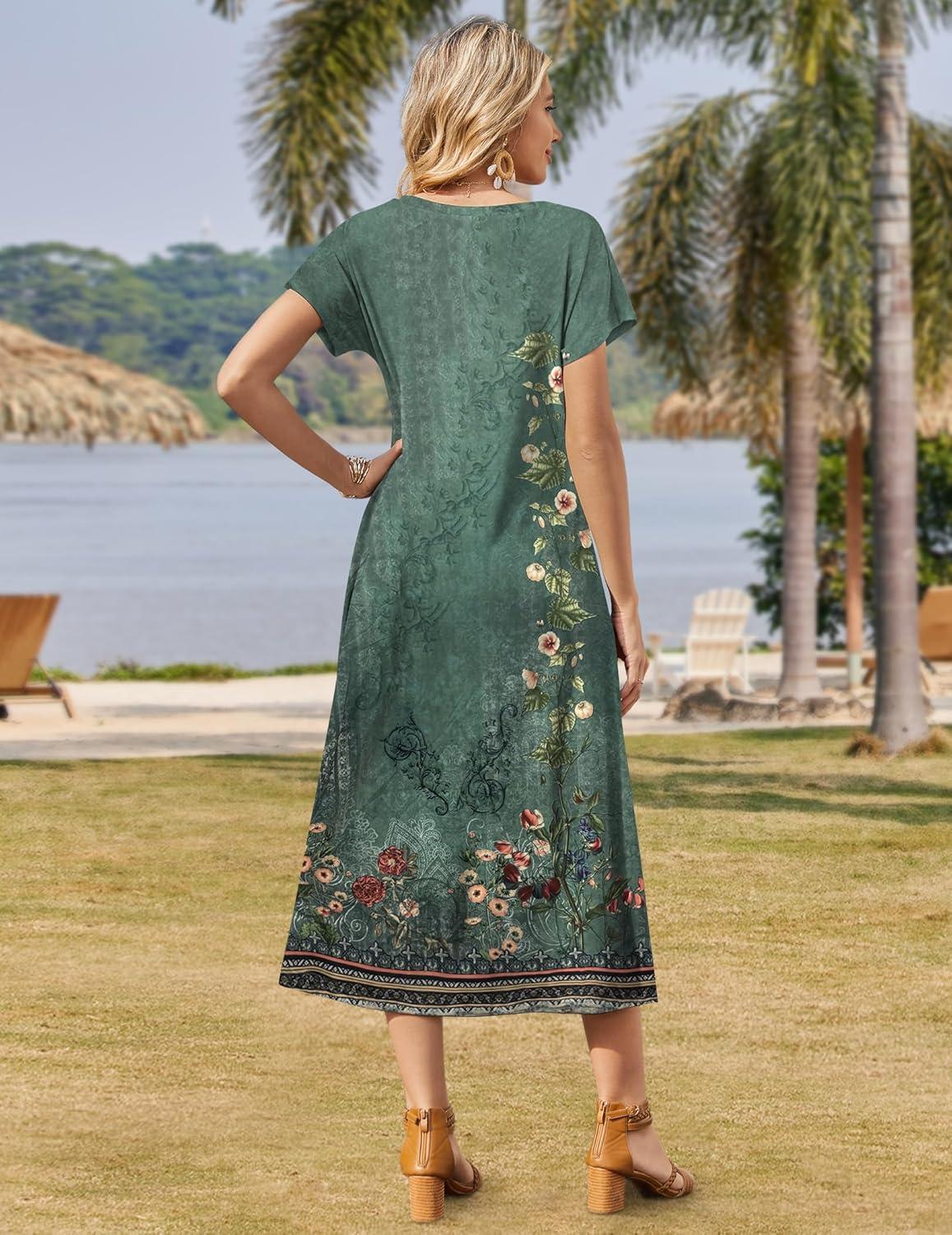 imageZeagoo Women Summer Floral Dress Short Sleeve Beach Dress with Pockets Casual VNeck Split Long TShirt Dress Travel VacationGreen Printed