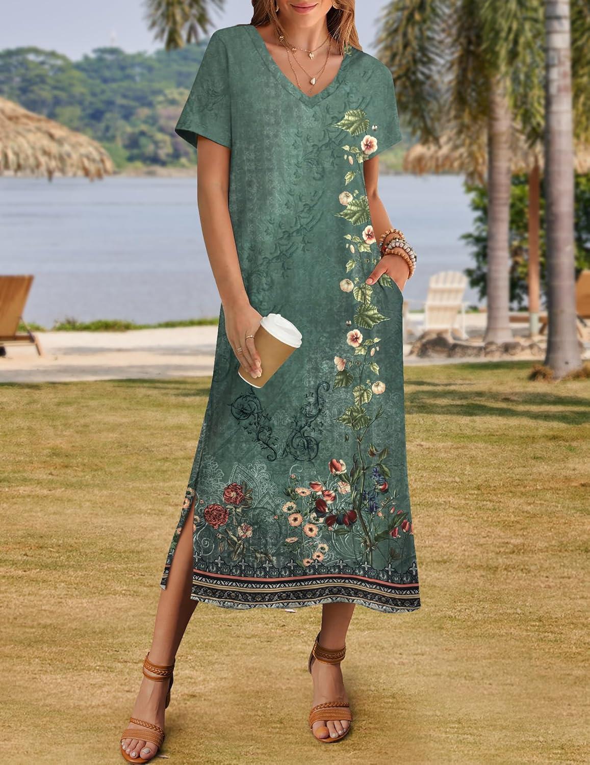 imageZeagoo Women Summer Floral Dress Short Sleeve Beach Dress with Pockets Casual VNeck Split Long TShirt Dress Travel VacationGreen Printed