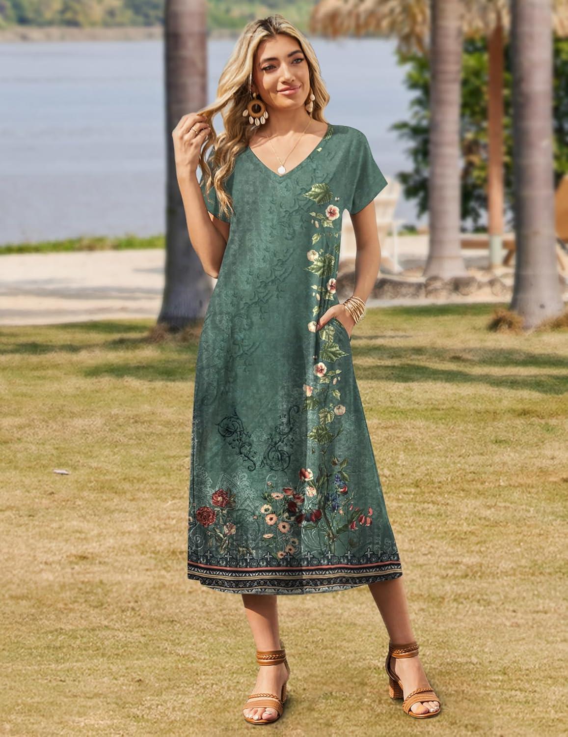 imageZeagoo Women Summer Floral Dress Short Sleeve Beach Dress with Pockets Casual VNeck Split Long TShirt Dress Travel VacationGreen Printed
