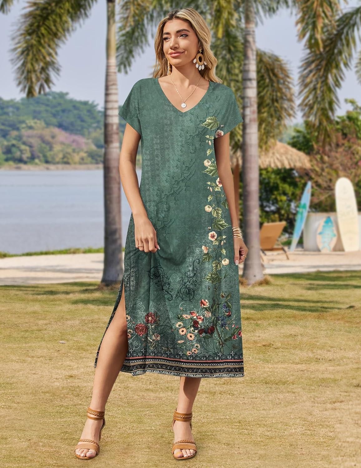 imageZeagoo Women Summer Floral Dress Short Sleeve Beach Dress with Pockets Casual VNeck Split Long TShirt Dress Travel VacationGreen Printed