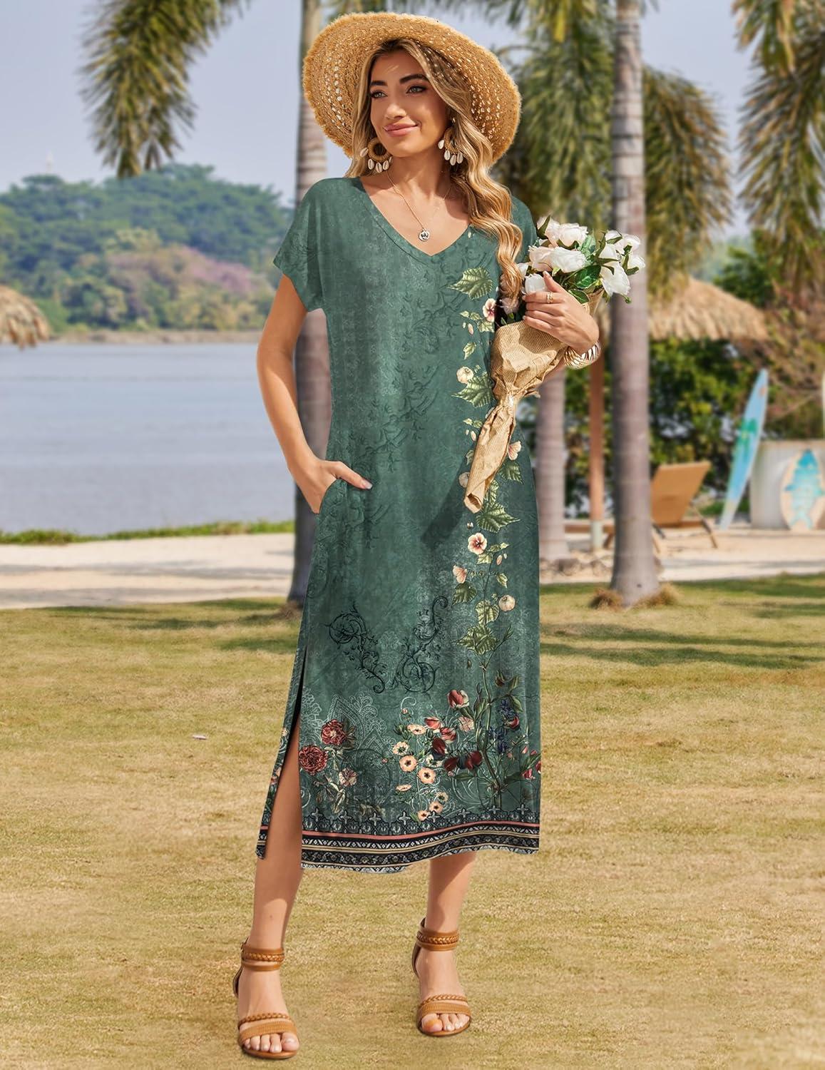 imageZeagoo Women Summer Floral Dress Short Sleeve Beach Dress with Pockets Casual VNeck Split Long TShirt Dress Travel VacationGreen Printed