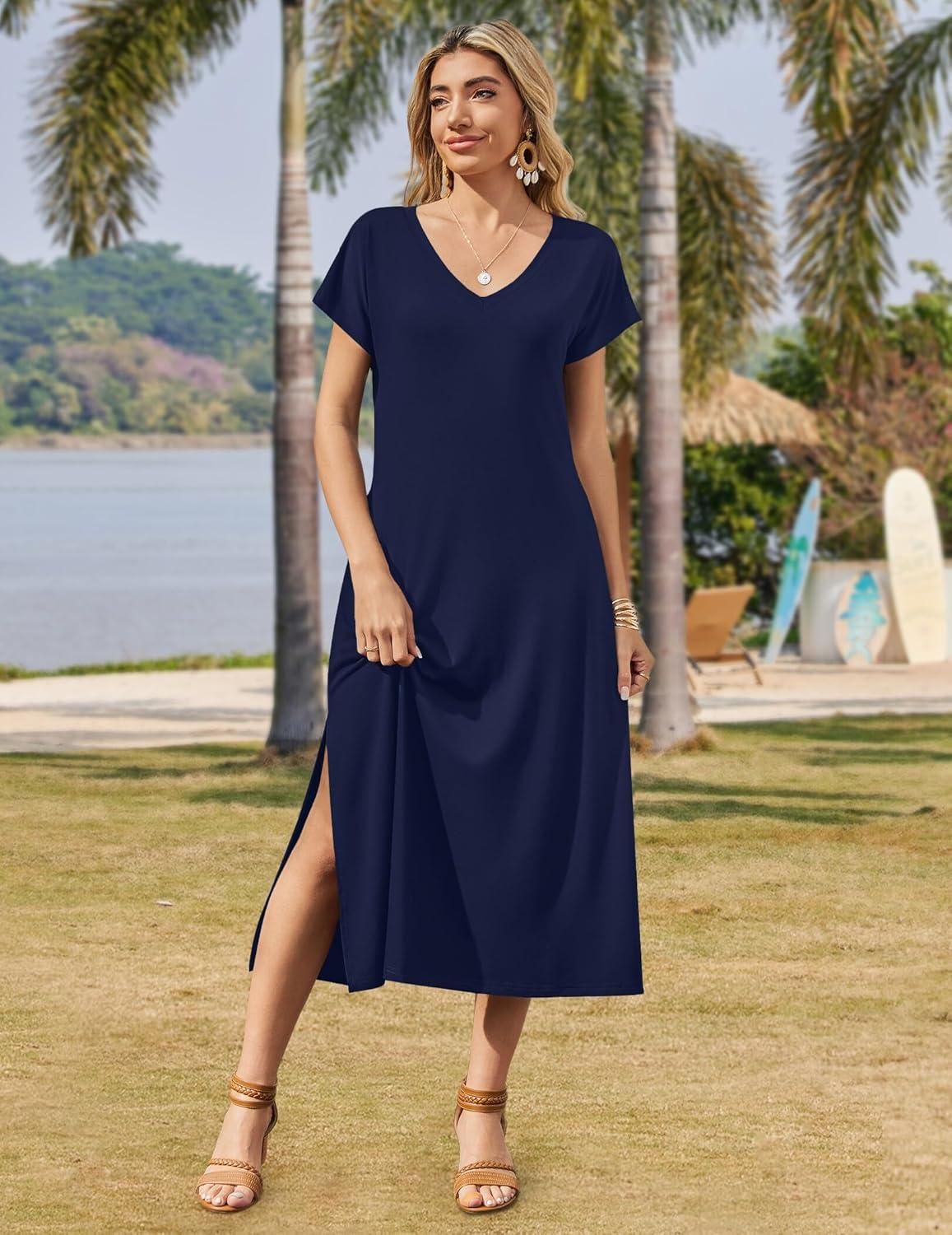 imageZeagoo Women Summer Floral Dress Short Sleeve Beach Dress with Pockets Casual VNeck Split Long TShirt Dress Travel VacationNavy Blue