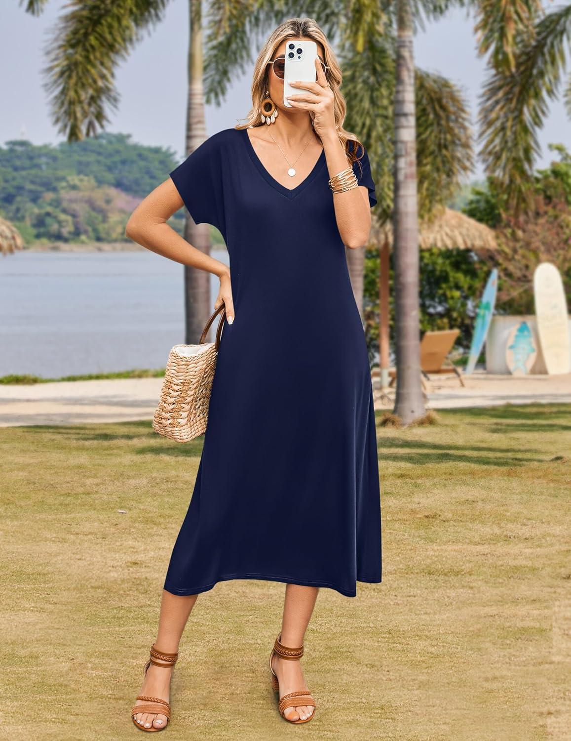 imageZeagoo Women Summer Floral Dress Short Sleeve Beach Dress with Pockets Casual VNeck Split Long TShirt Dress Travel VacationNavy Blue