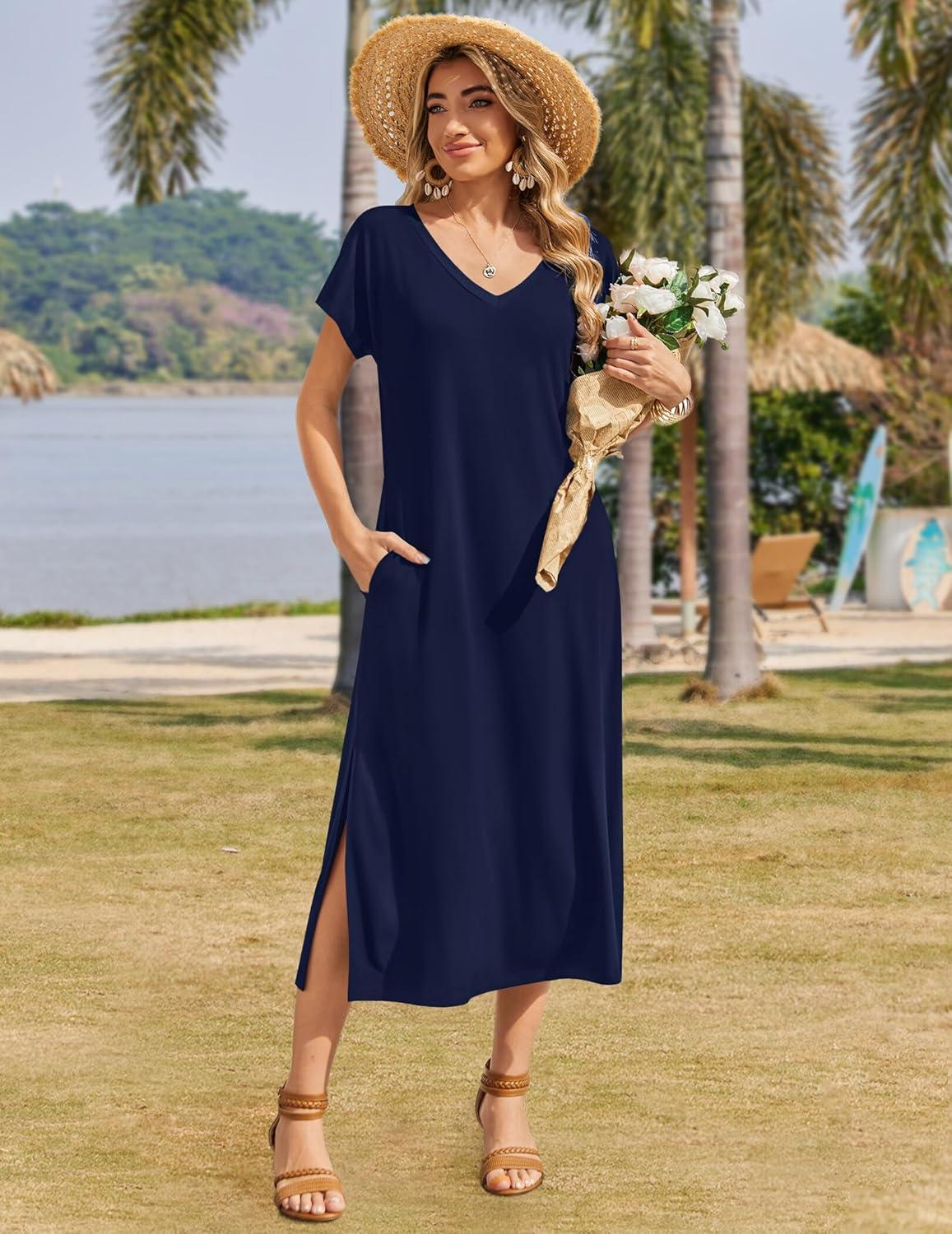 imageZeagoo Women Summer Floral Dress Short Sleeve Beach Dress with Pockets Casual VNeck Split Long TShirt Dress Travel VacationNavy Blue