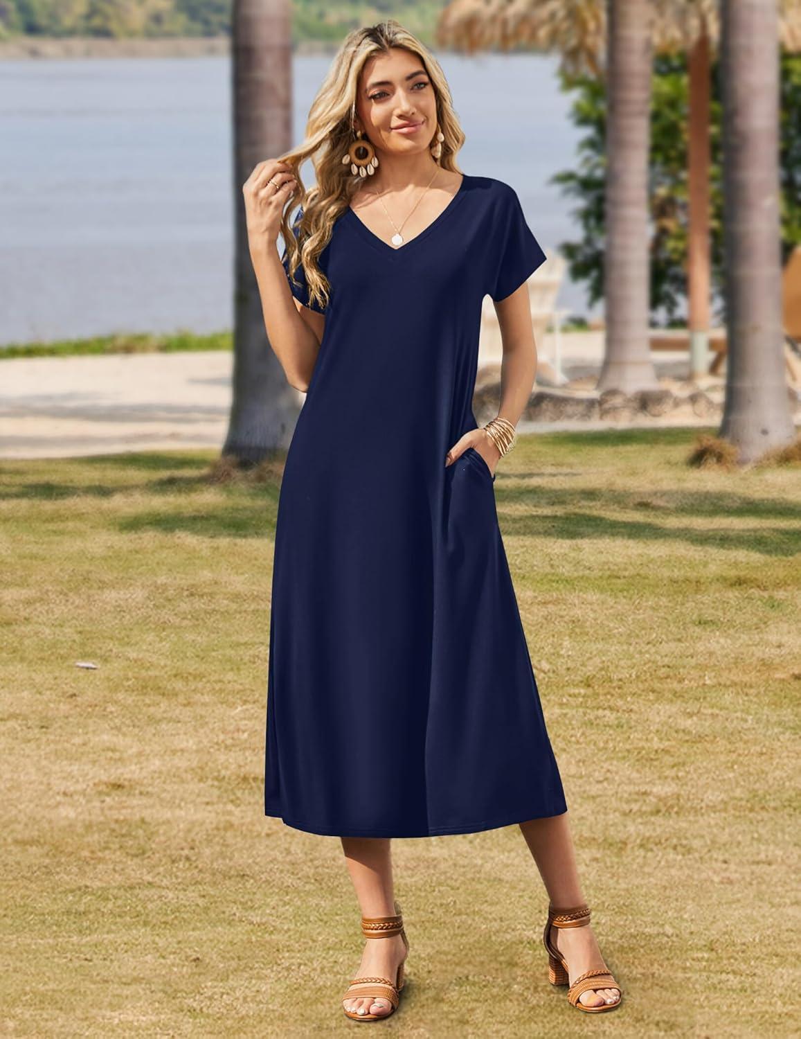 imageZeagoo Women Summer Floral Dress Short Sleeve Beach Dress with Pockets Casual VNeck Split Long TShirt Dress Travel VacationNavy Blue