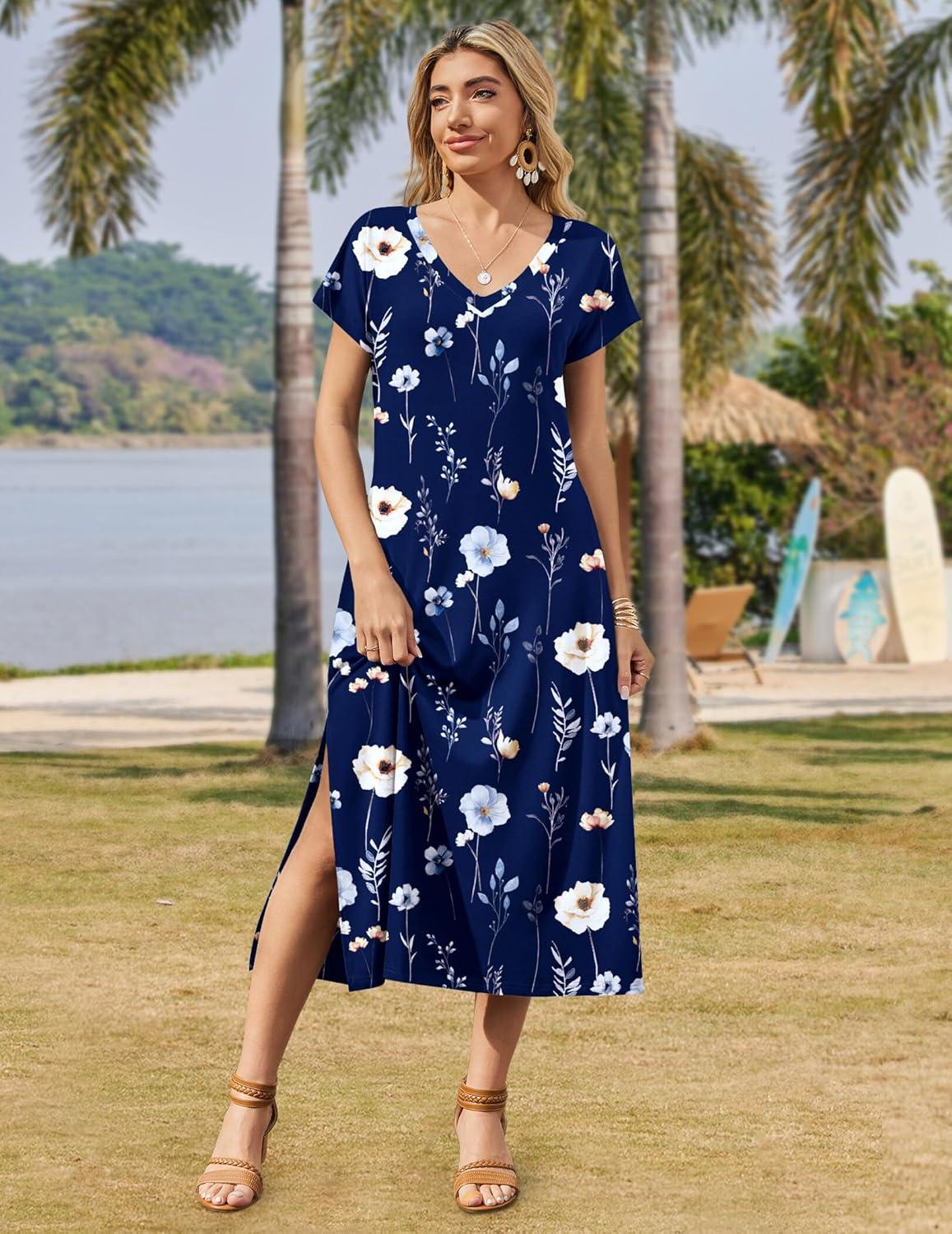 imageZeagoo Women Summer Floral Dress Short Sleeve Beach Dress with Pockets Casual VNeck Split Long TShirt Dress Travel VacationNavy Floral