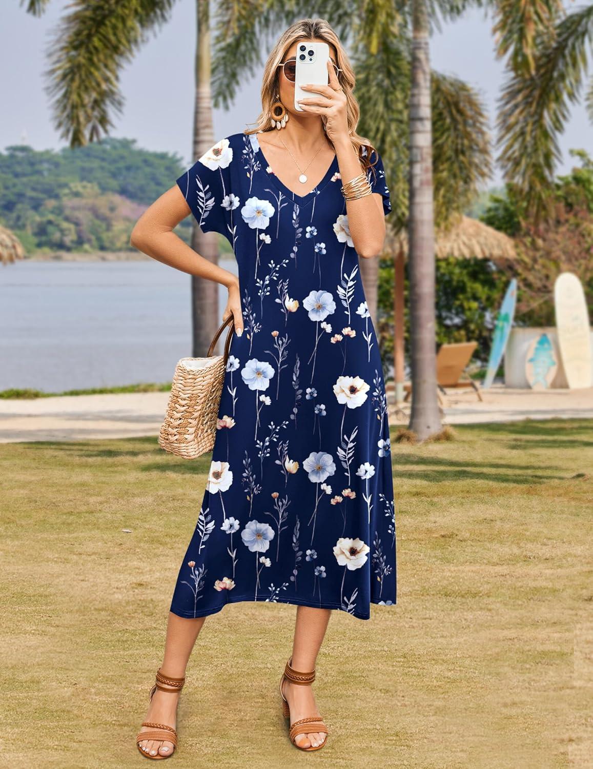 imageZeagoo Women Summer Floral Dress Short Sleeve Beach Dress with Pockets Casual VNeck Split Long TShirt Dress Travel VacationNavy Floral