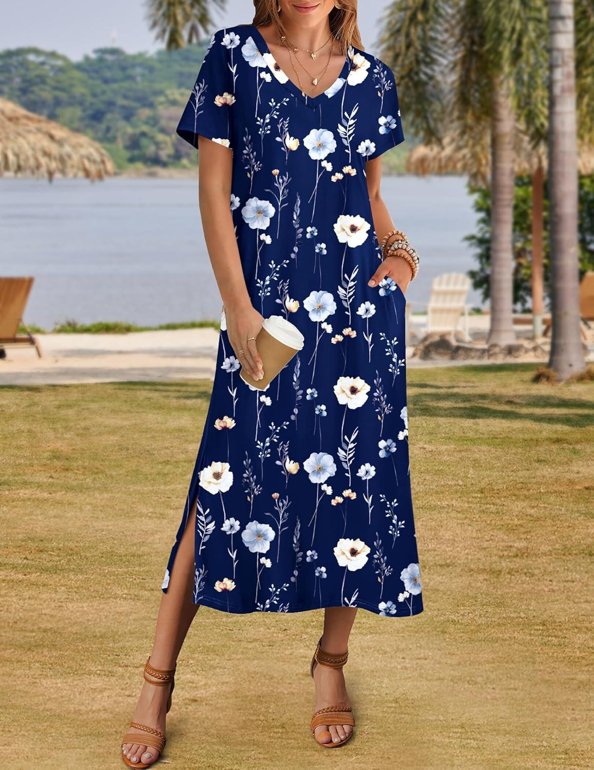 imageZeagoo Women Summer Floral Dress Short Sleeve Beach Dress with Pockets Casual VNeck Split Long TShirt Dress Travel VacationNavy Floral