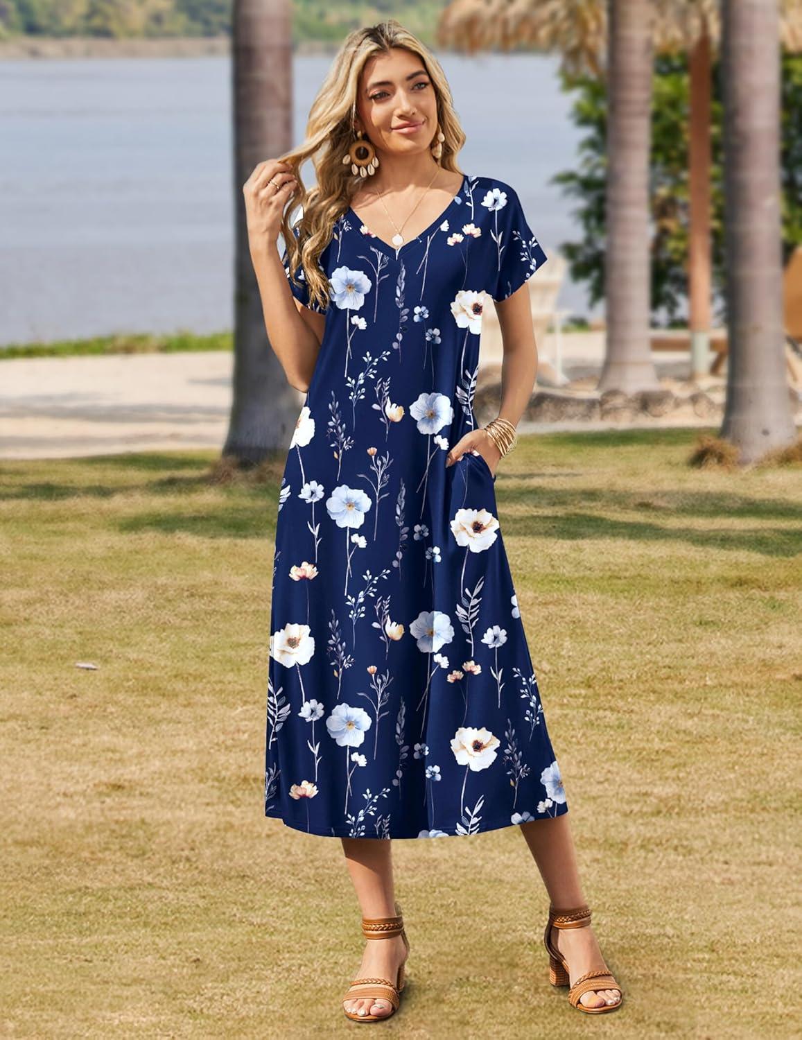 imageZeagoo Women Summer Floral Dress Short Sleeve Beach Dress with Pockets Casual VNeck Split Long TShirt Dress Travel VacationNavy Floral
