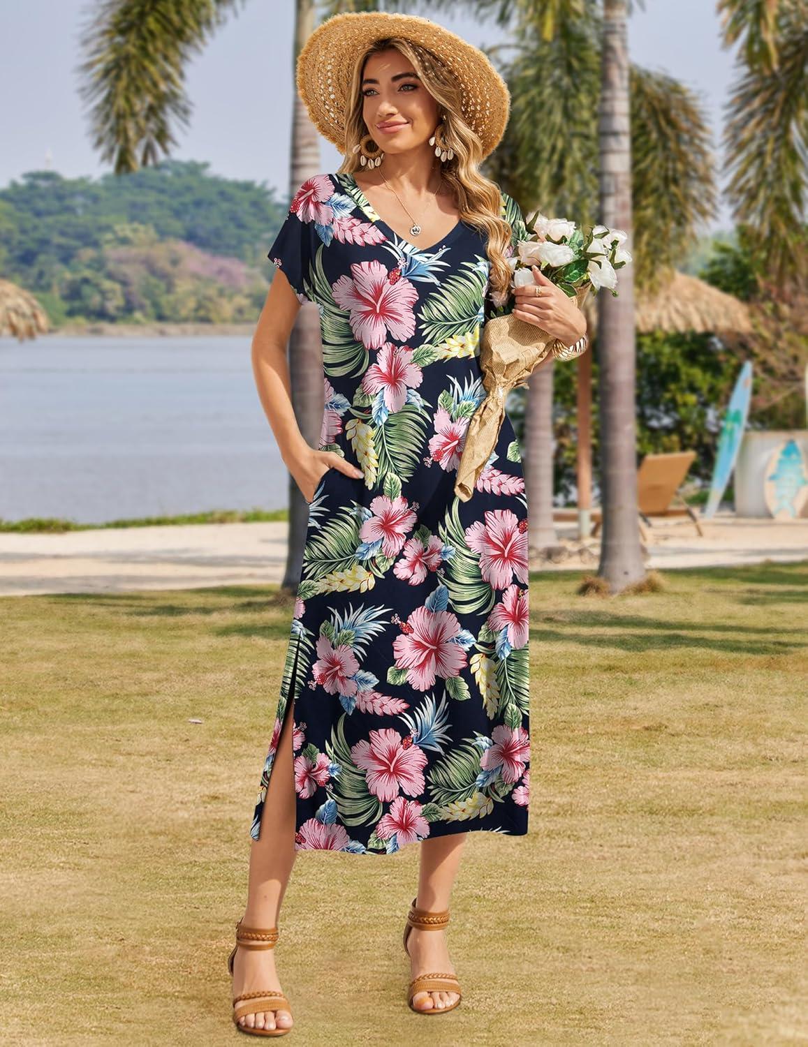 imageZeagoo Women Summer Floral Dress Short Sleeve Beach Dress with Pockets Casual VNeck Split Long TShirt Dress Travel VacationNavy Leaf