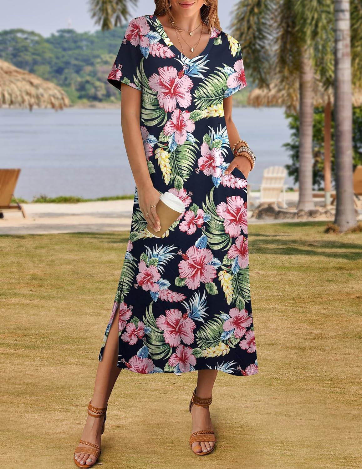 imageZeagoo Women Summer Floral Dress Short Sleeve Beach Dress with Pockets Casual VNeck Split Long TShirt Dress Travel VacationNavy Leaf