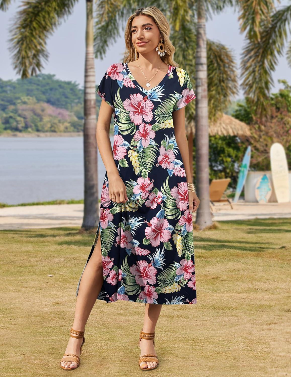 imageZeagoo Women Summer Floral Dress Short Sleeve Beach Dress with Pockets Casual VNeck Split Long TShirt Dress Travel VacationNavy Leaf