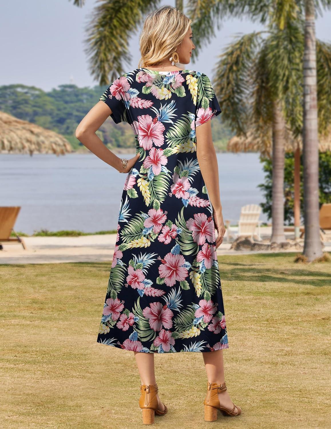 imageZeagoo Women Summer Floral Dress Short Sleeve Beach Dress with Pockets Casual VNeck Split Long TShirt Dress Travel VacationNavy Leaf