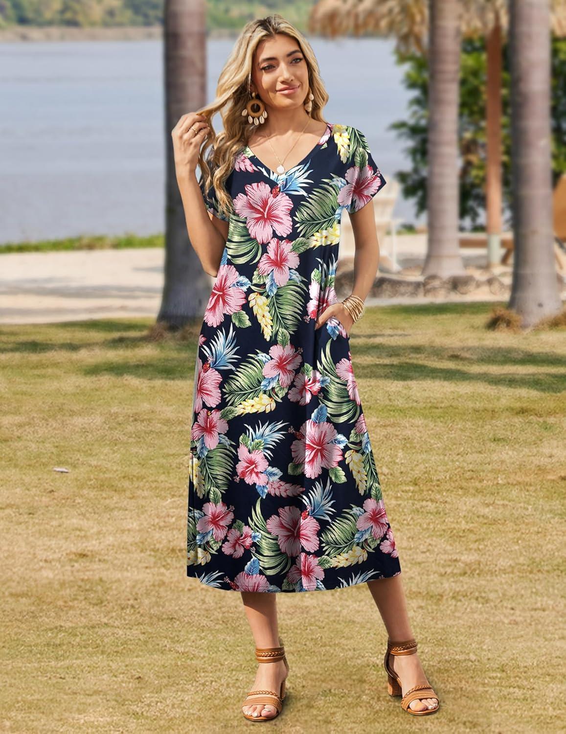 imageZeagoo Women Summer Floral Dress Short Sleeve Beach Dress with Pockets Casual VNeck Split Long TShirt Dress Travel VacationNavy Leaf