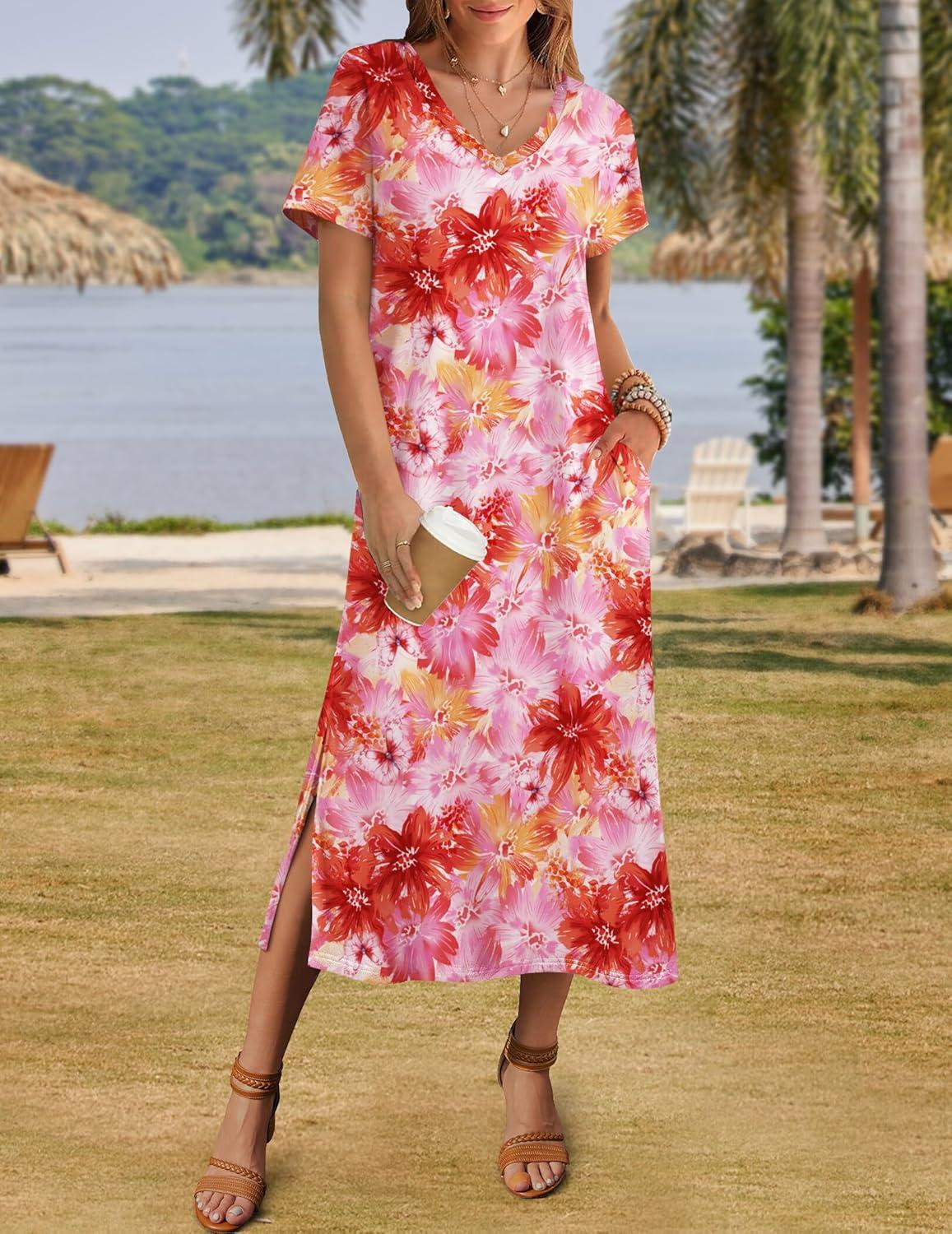 imageZeagoo Women Summer Floral Dress Short Sleeve Beach Dress with Pockets Casual VNeck Split Long TShirt Dress Travel VacationPinkfloral
