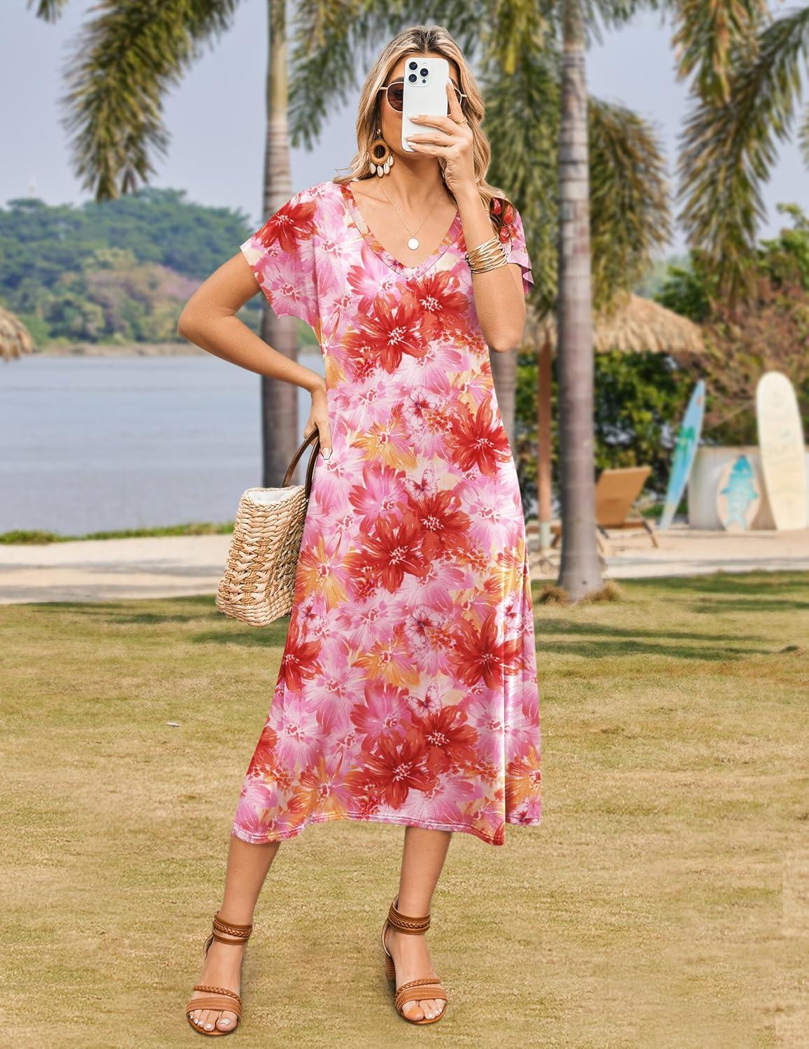 imageZeagoo Women Summer Floral Dress Short Sleeve Beach Dress with Pockets Casual VNeck Split Long TShirt Dress Travel VacationPinkfloral