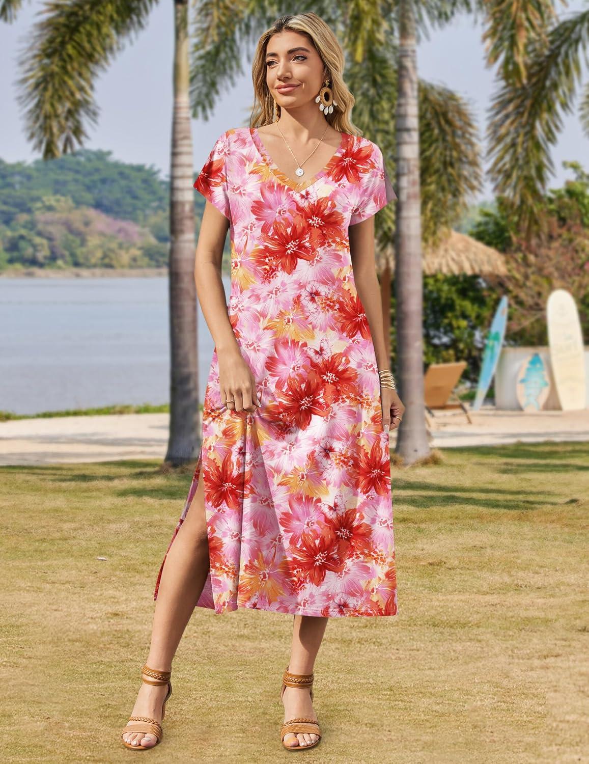 imageZeagoo Women Summer Floral Dress Short Sleeve Beach Dress with Pockets Casual VNeck Split Long TShirt Dress Travel VacationPinkfloral