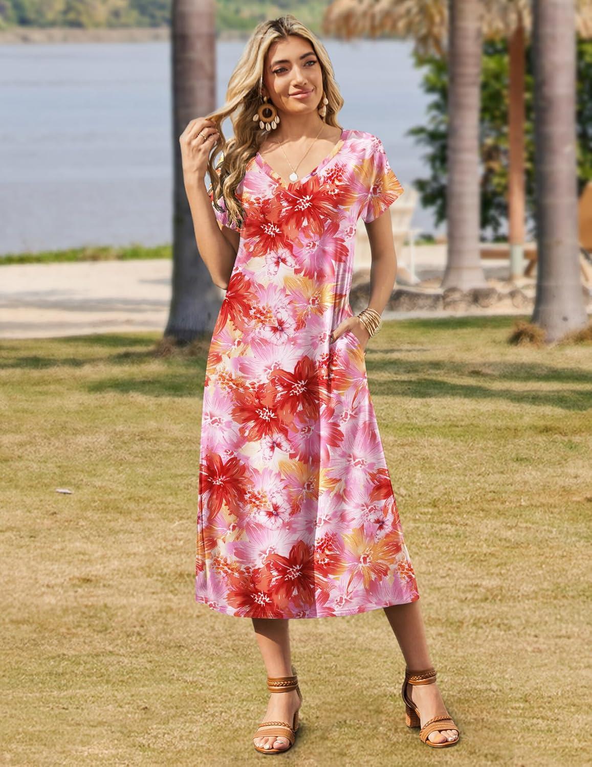imageZeagoo Women Summer Floral Dress Short Sleeve Beach Dress with Pockets Casual VNeck Split Long TShirt Dress Travel VacationPinkfloral