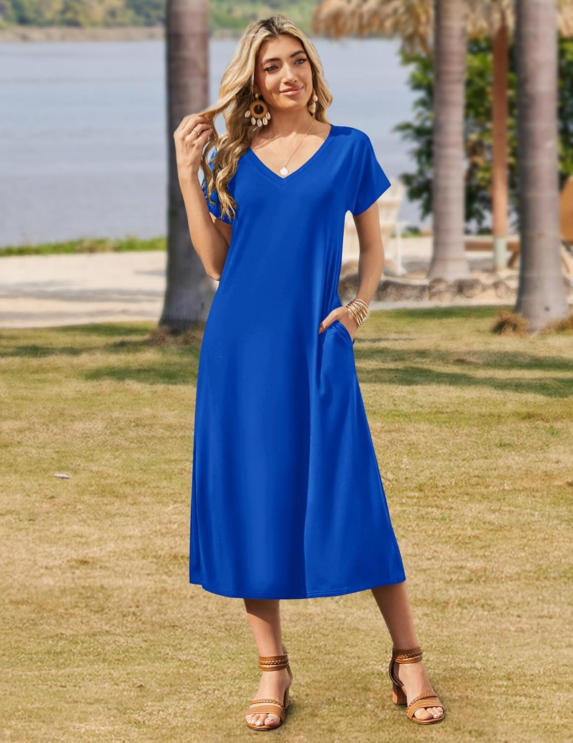 imageZeagoo Women Summer Floral Dress Short Sleeve Beach Dress with Pockets Casual VNeck Split Long TShirt Dress Travel VacationRoyal Blue
