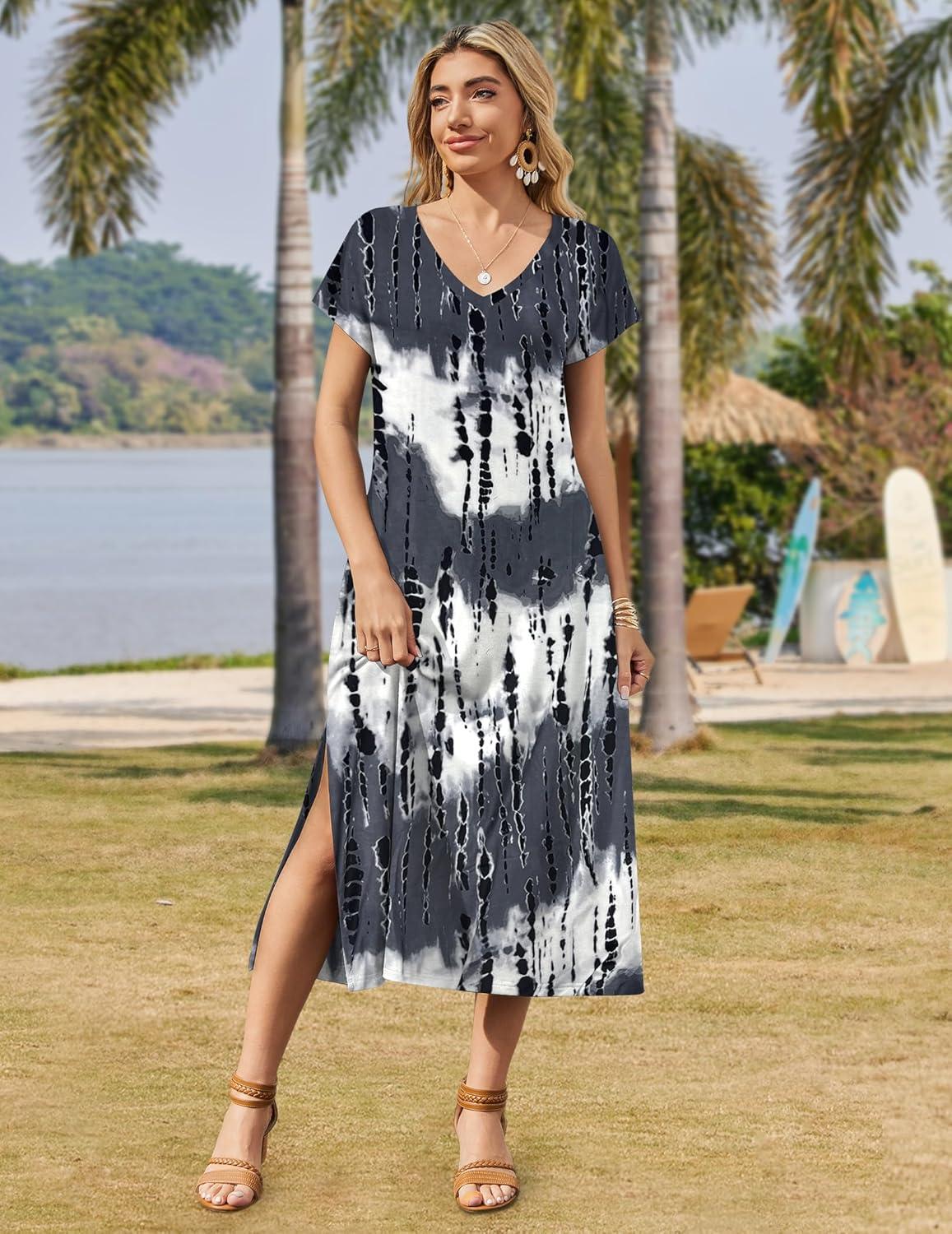 imageZeagoo Women Summer Floral Dress Short Sleeve Beach Dress with Pockets Casual VNeck Split Long TShirt Dress Travel VacationStripe Tie Dye 2