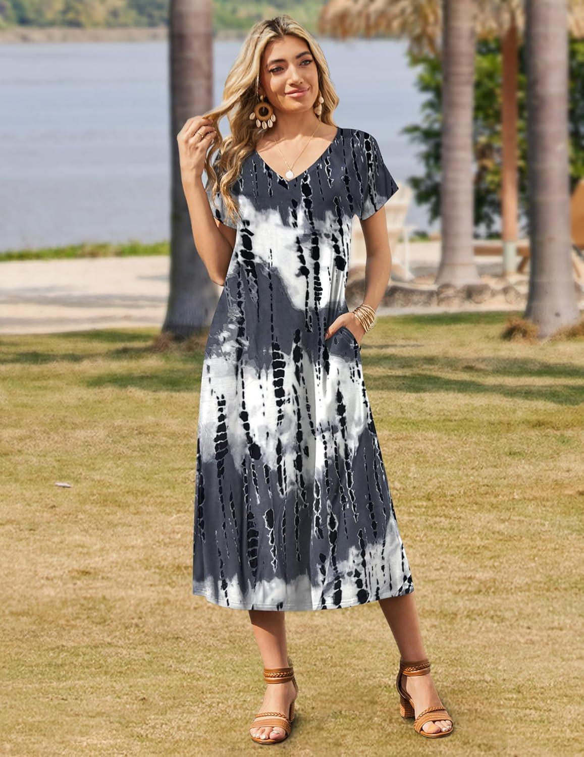 imageZeagoo Women Summer Floral Dress Short Sleeve Beach Dress with Pockets Casual VNeck Split Long TShirt Dress Travel VacationStripe Tie Dye 2