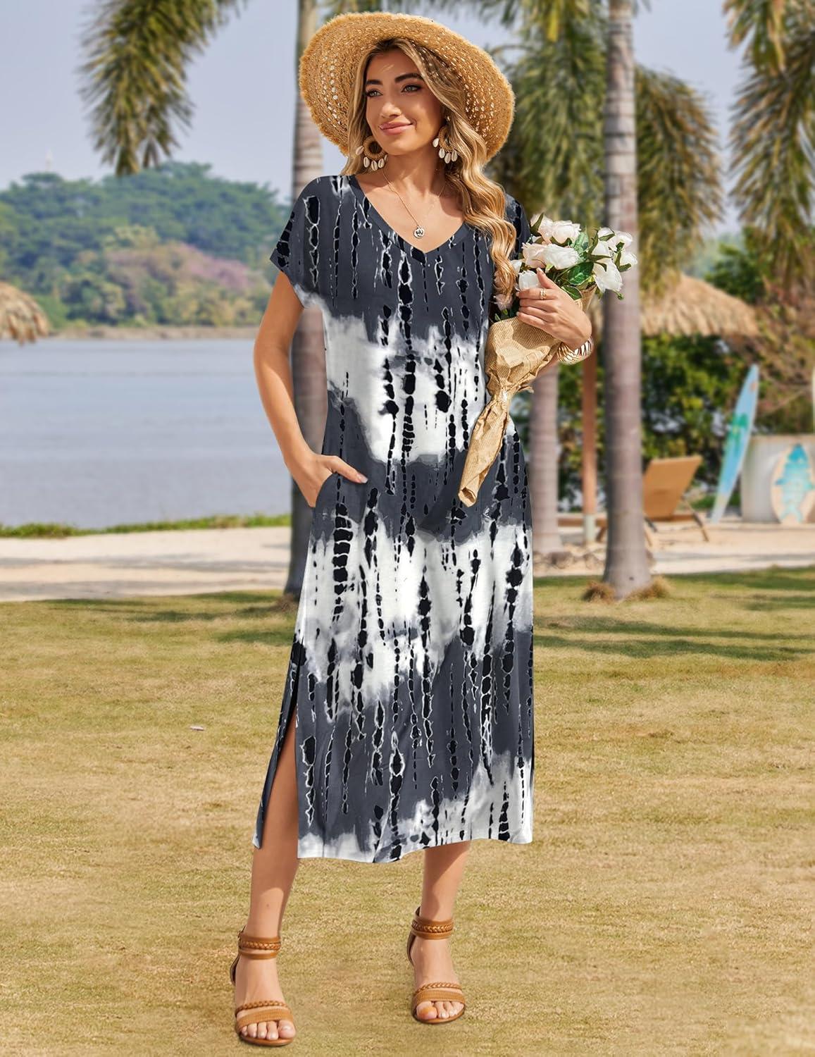 imageZeagoo Women Summer Floral Dress Short Sleeve Beach Dress with Pockets Casual VNeck Split Long TShirt Dress Travel VacationStripe Tie Dye 2