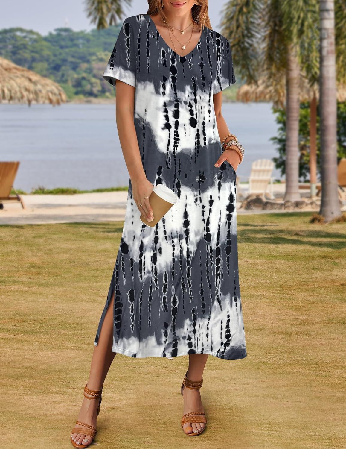 imageZeagoo Women Summer Floral Dress Short Sleeve Beach Dress with Pockets Casual VNeck Split Long TShirt Dress Travel VacationStripe Tie Dye 2