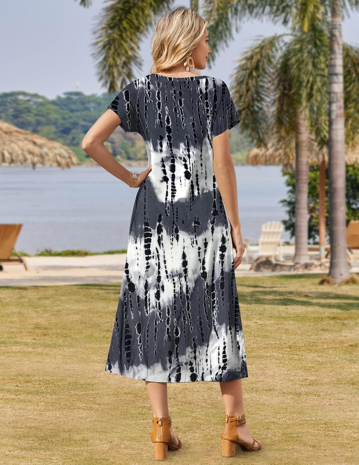 imageZeagoo Women Summer Floral Dress Short Sleeve Beach Dress with Pockets Casual VNeck Split Long TShirt Dress Travel VacationStripe Tie Dye 2