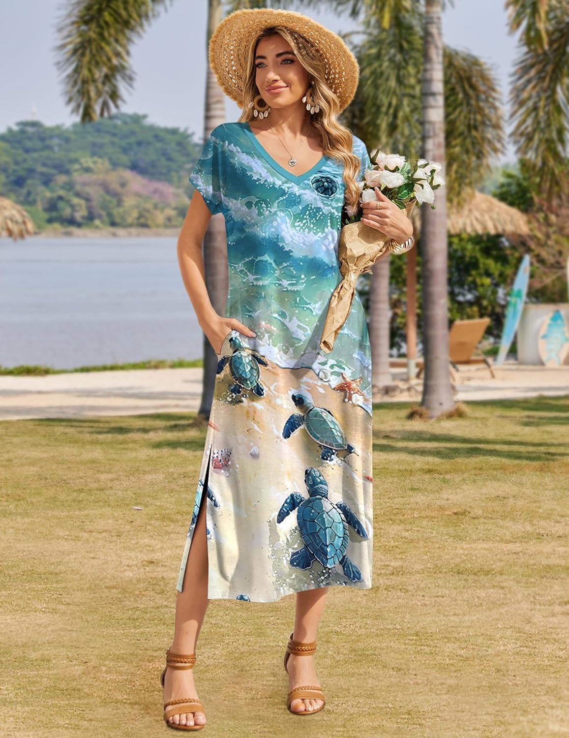 imageZeagoo Women Summer Floral Dress Short Sleeve Beach Dress with Pockets Casual VNeck Split Long TShirt Dress Travel VacationTurtle Green Floral