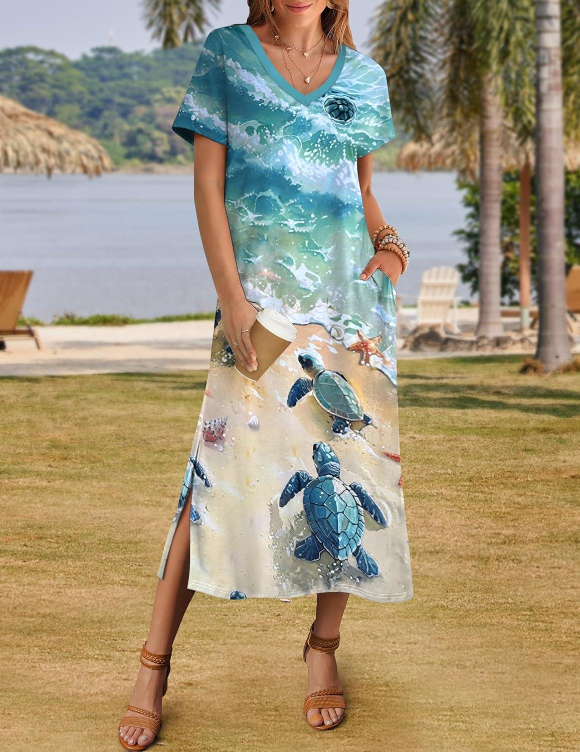 imageZeagoo Women Summer Floral Dress Short Sleeve Beach Dress with Pockets Casual VNeck Split Long TShirt Dress Travel VacationTurtle Green Floral