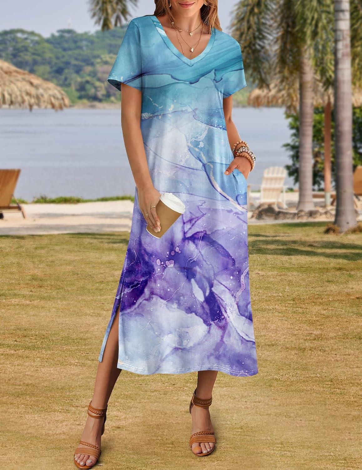 imageZeagoo Women Summer Floral Dress Short Sleeve Beach Dress with Pockets Casual VNeck Split Long TShirt Dress Travel VacationWatercolor Bluepurple