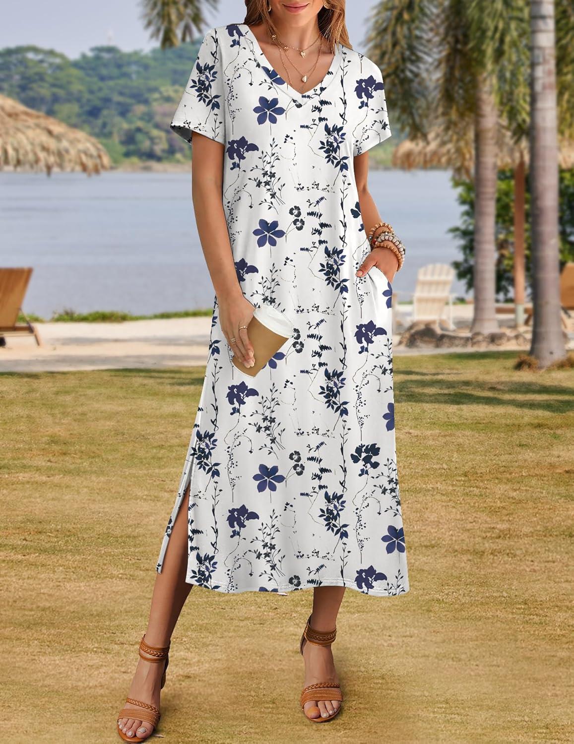 imageZeagoo Women Summer Floral Dress Short Sleeve Beach Dress with Pockets Casual VNeck Split Long TShirt Dress Travel VacationWhite Floral