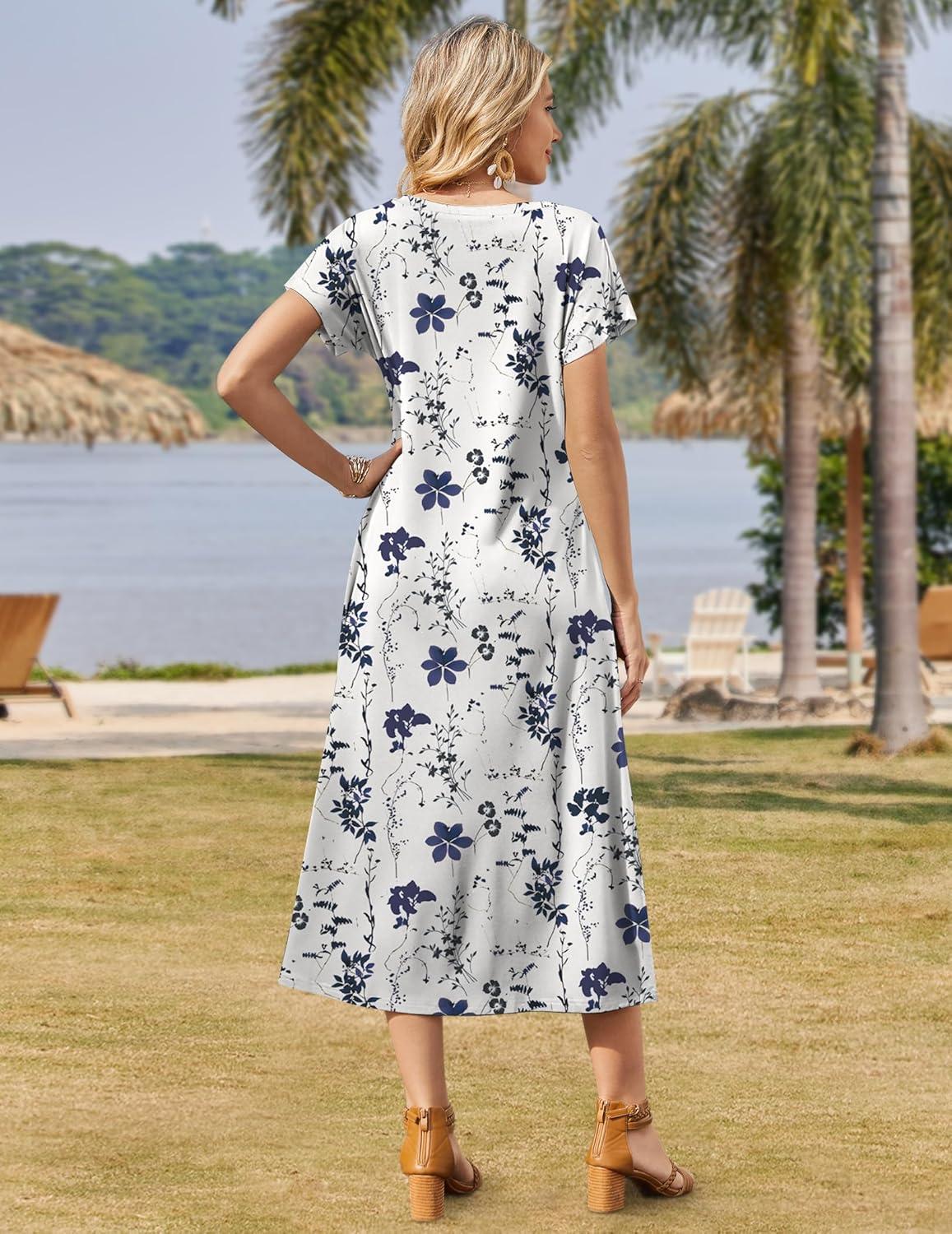 imageZeagoo Women Summer Floral Dress Short Sleeve Beach Dress with Pockets Casual VNeck Split Long TShirt Dress Travel VacationWhite Floral