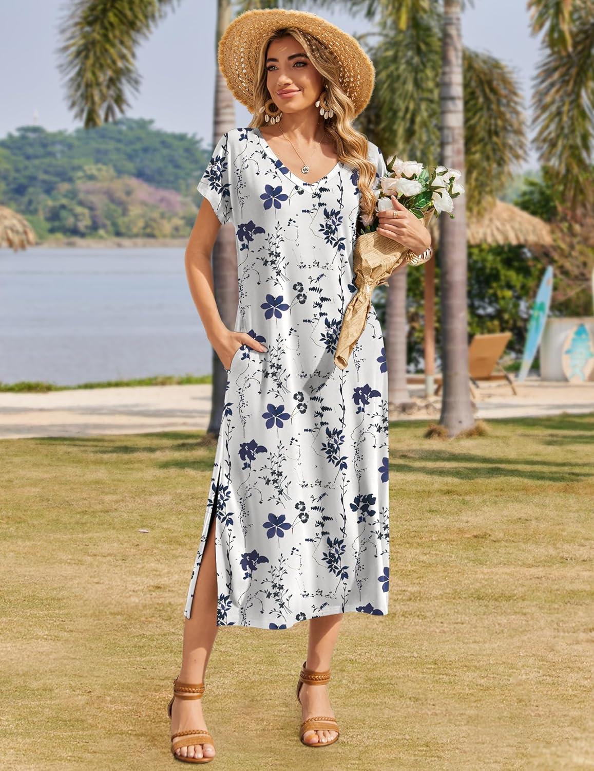 imageZeagoo Women Summer Floral Dress Short Sleeve Beach Dress with Pockets Casual VNeck Split Long TShirt Dress Travel VacationWhite Floral