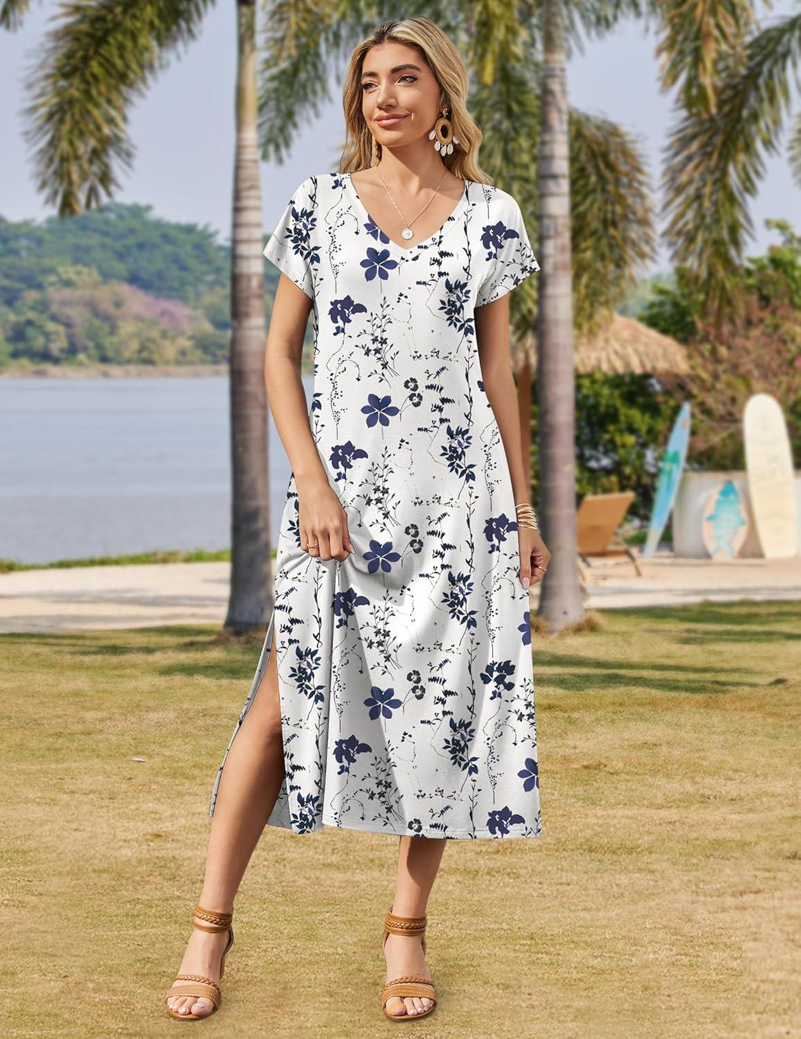 imageZeagoo Women Summer Floral Dress Short Sleeve Beach Dress with Pockets Casual VNeck Split Long TShirt Dress Travel VacationWhite Floral