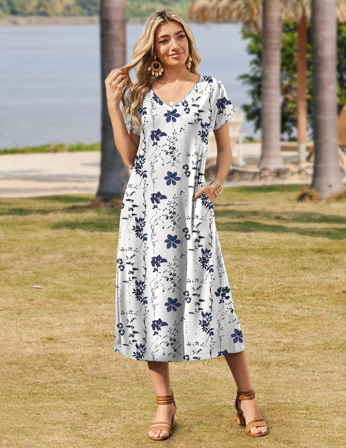 imageZeagoo Women Summer Floral Dress Short Sleeve Beach Dress with Pockets Casual VNeck Split Long TShirt Dress Travel VacationWhite Floral