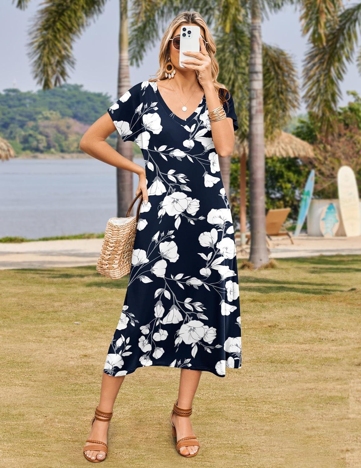 imageZeagoo Women Summer Floral Dress Short Sleeve Beach Dress with Pockets Casual VNeck Split Long TShirt Dress Travel VacationWhite Floral Blue