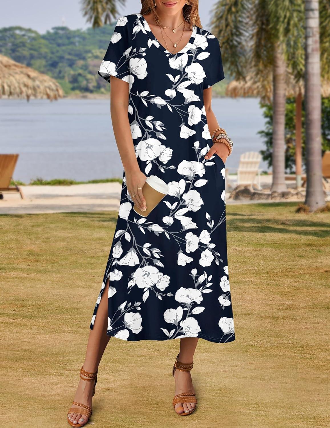imageZeagoo Women Summer Floral Dress Short Sleeve Beach Dress with Pockets Casual VNeck Split Long TShirt Dress Travel VacationWhite Floral Blue