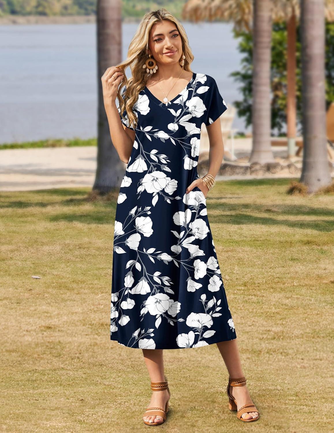 imageZeagoo Women Summer Floral Dress Short Sleeve Beach Dress with Pockets Casual VNeck Split Long TShirt Dress Travel VacationWhite Floral Blue