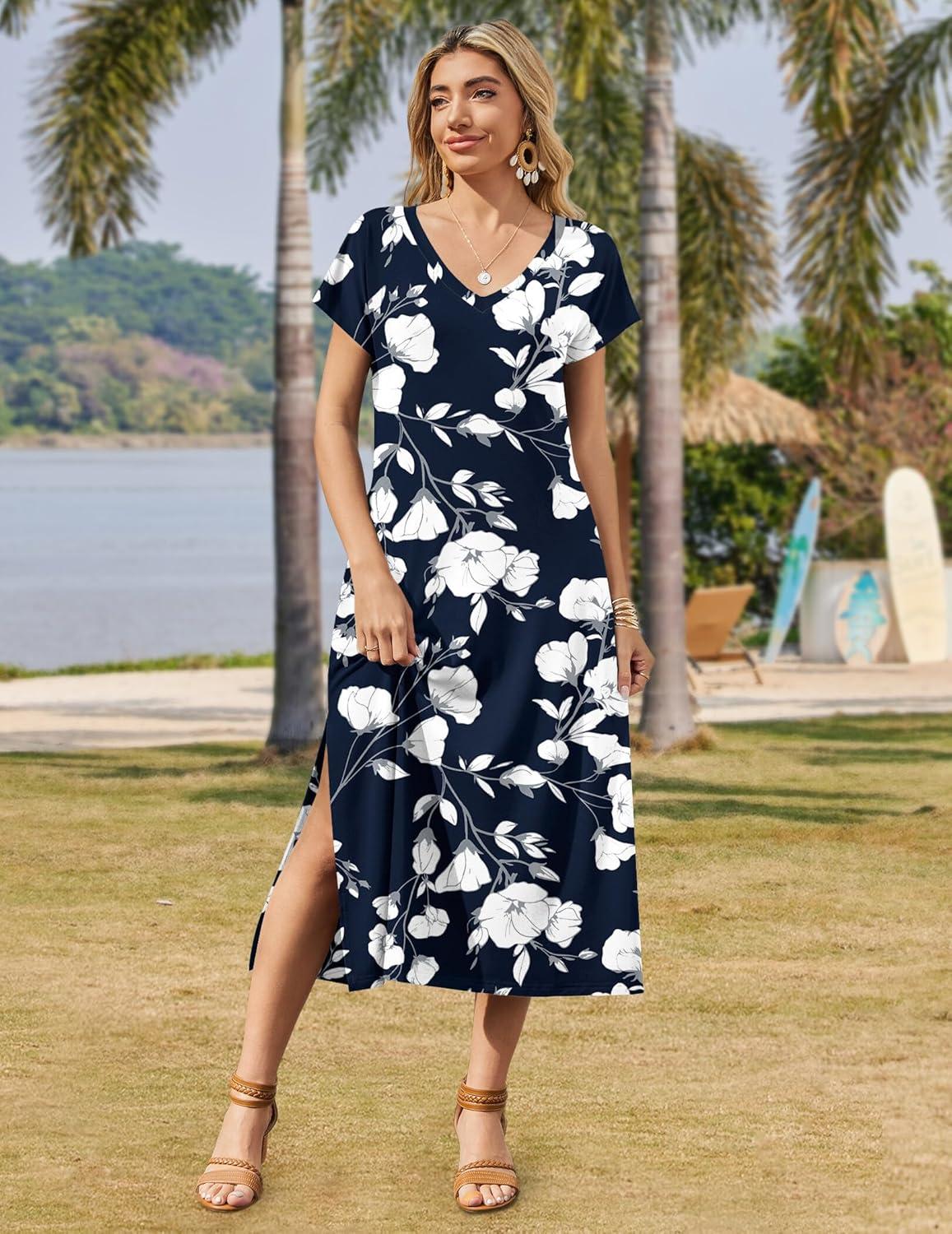 imageZeagoo Women Summer Floral Dress Short Sleeve Beach Dress with Pockets Casual VNeck Split Long TShirt Dress Travel VacationWhite Floral Blue