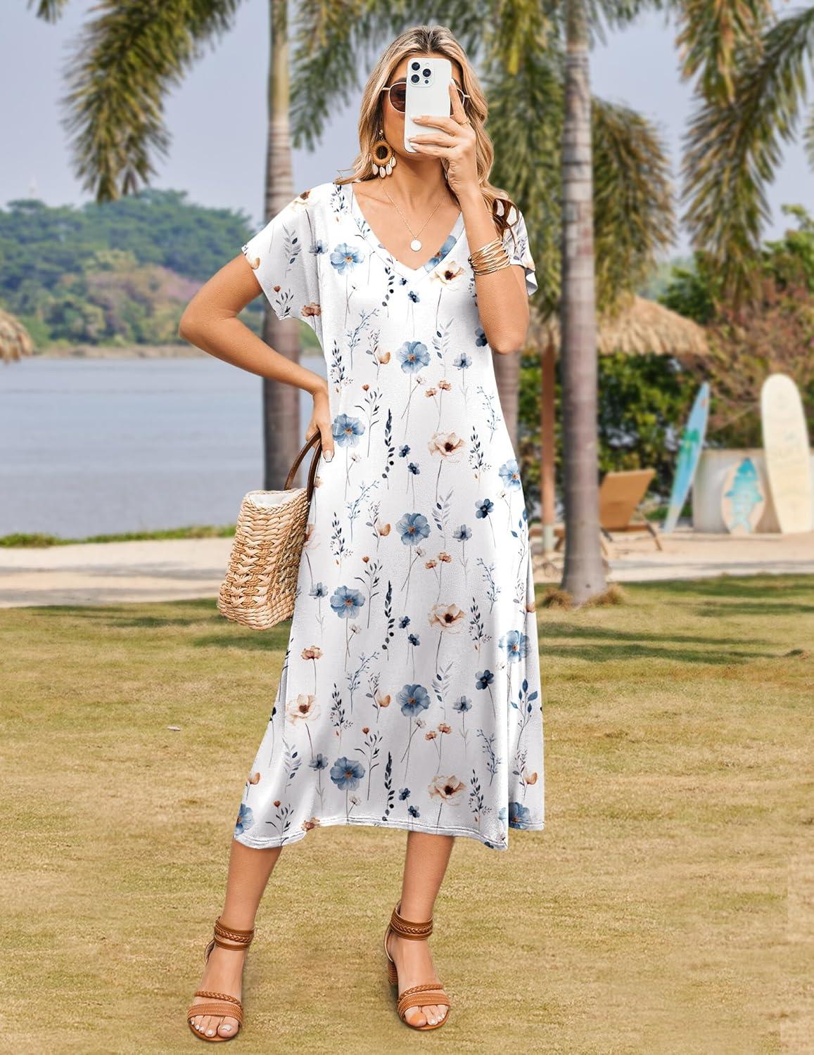 imageZeagoo Women Summer Floral Dress Short Sleeve Beach Dress with Pockets Casual VNeck Split Long TShirt Dress Travel VacationWhite Floralprinted