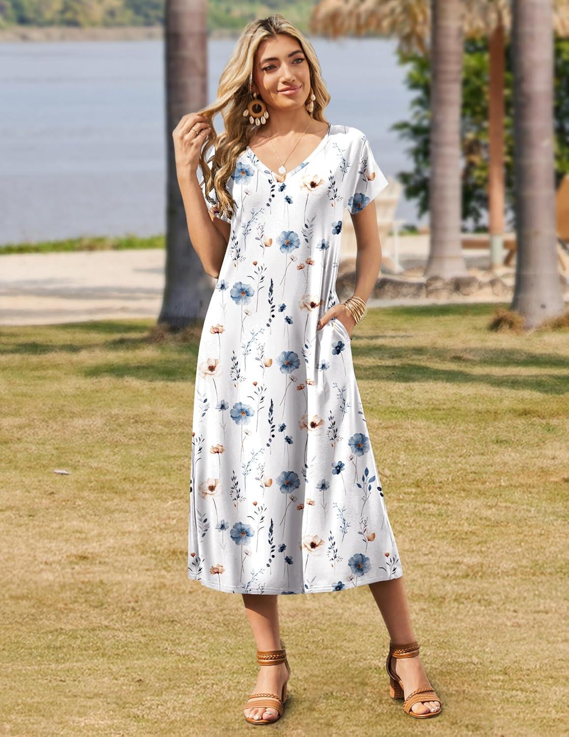 imageZeagoo Women Summer Floral Dress Short Sleeve Beach Dress with Pockets Casual VNeck Split Long TShirt Dress Travel VacationWhite Floralprinted