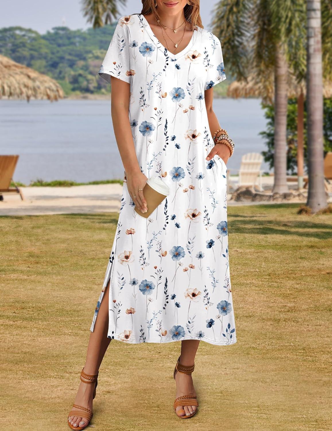 imageZeagoo Women Summer Floral Dress Short Sleeve Beach Dress with Pockets Casual VNeck Split Long TShirt Dress Travel VacationWhite Floralprinted