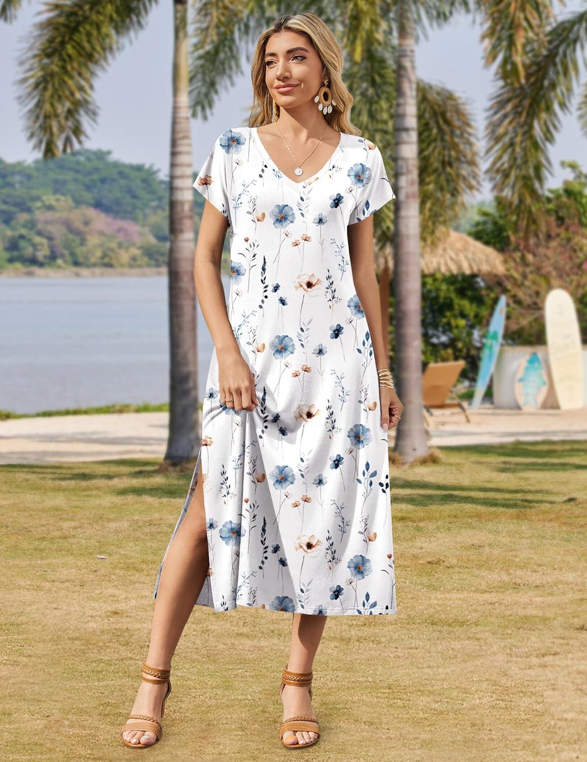 imageZeagoo Women Summer Floral Dress Short Sleeve Beach Dress with Pockets Casual VNeck Split Long TShirt Dress Travel VacationWhite Floralprinted