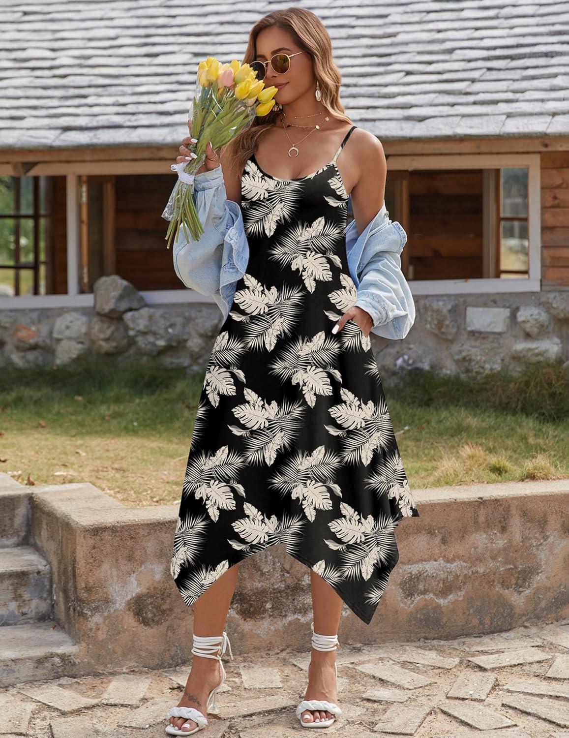 imageZeagoo Women Summer Midi Dresses 2026 Hawaiian Bohemian Beach Cover Up Sundress Spaghetti Strap Casual Dress with PocketsApricot Brown