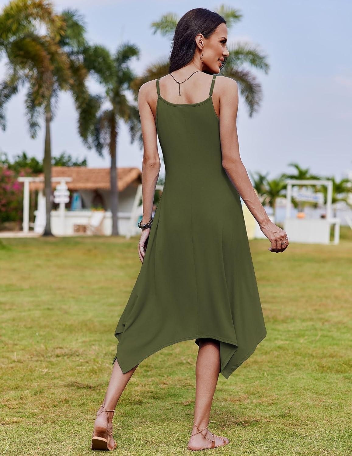 imageZeagoo Women Summer Midi Dresses 2026 Hawaiian Bohemian Beach Cover Up Sundress Spaghetti Strap Casual Dress with PocketsArmy Green