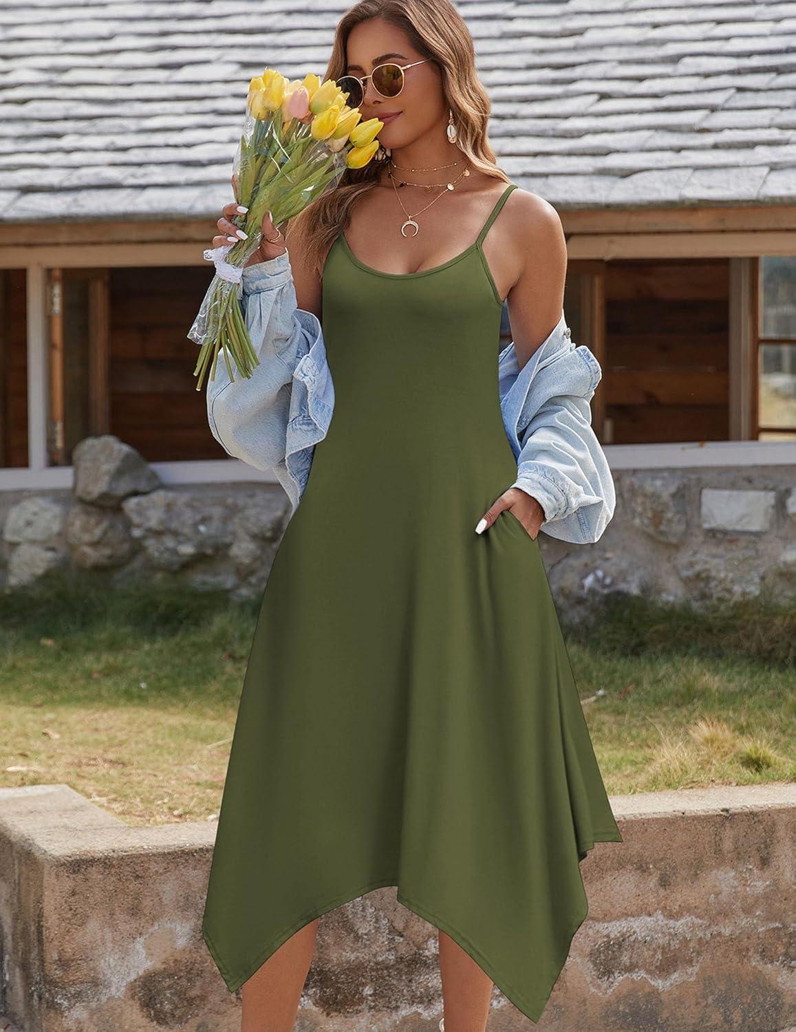 imageZeagoo Women Summer Midi Dresses 2026 Hawaiian Bohemian Beach Cover Up Sundress Spaghetti Strap Casual Dress with PocketsArmy Green